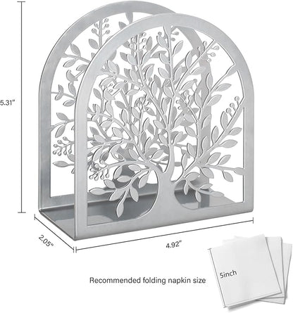 Napkin Holder for Tables, Tree of Life Design Modern Metal Napkin Holder for Home Kitchen & Picnic Party, Silver Grey