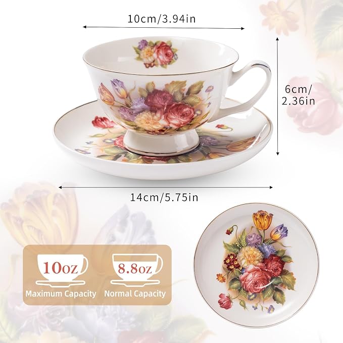 Tea Cups and Saucers, 10 OZ Bone Vintage Porcelain Coffee Cup - Image 3