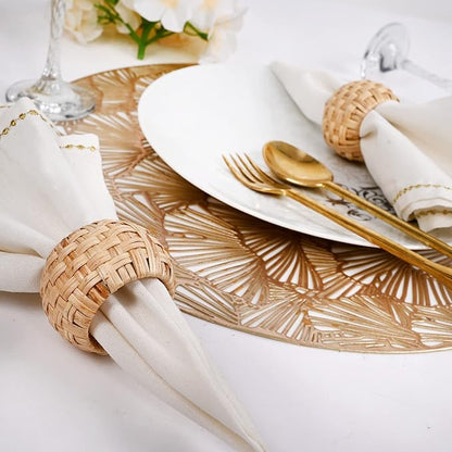 ALPHA Living HOME Farmhouse Napkin Rings - Rustic Natural Cane & Jute Serviette Holders for Elegant Table Decor, Weddings, Thanksgiving, and Everyday Dining- Set of 12 (Natural)