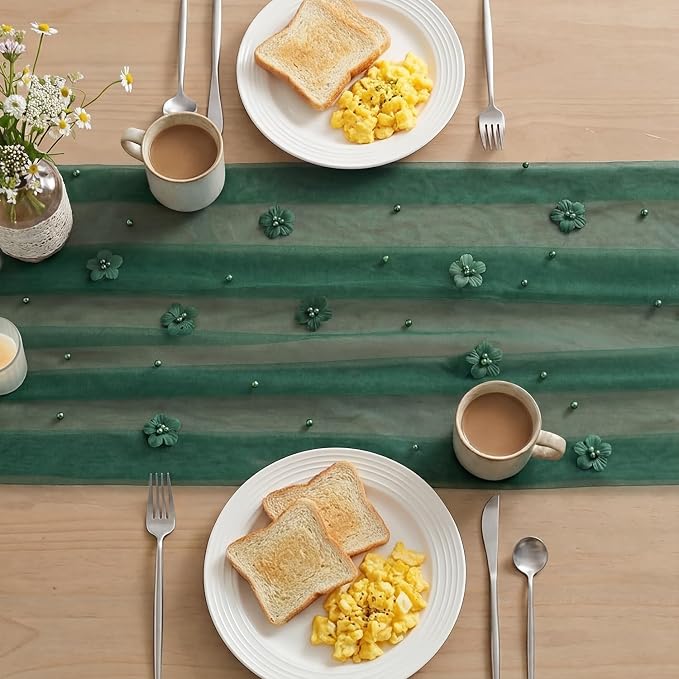 Artoid Mode Green Flower Pearl Green Gauze Table Runner 10FT, Seasonal Sheer - Image 4