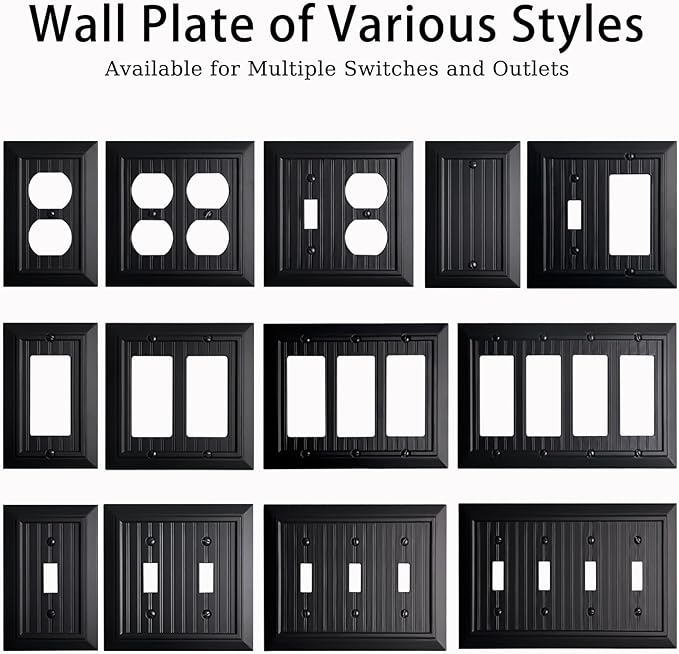Beadboard Outlet Covers Wall Plates, Bamboo Fiber Light Switch Covers, Natural Material Electric Receptacle Decorative Switch Plate Outlet Cover Matte Black (3 Gang Decorator 1 Pack)