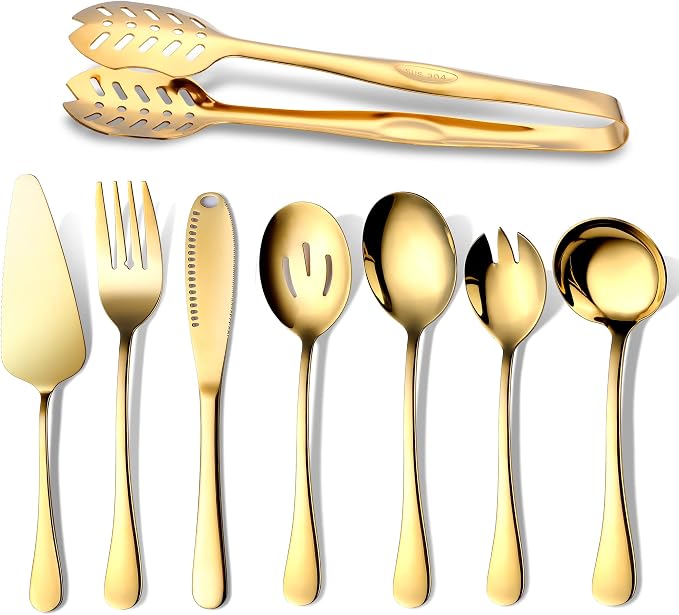 Gold Serving Utensils, OGORI 8-Piece Polished Stainless Steel Flatware by OGORI