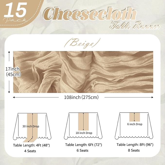 15 Pack Beige Cheesecloth Table Runner 17 x 108 inch Cheese Cloth Table Runners - Image 2