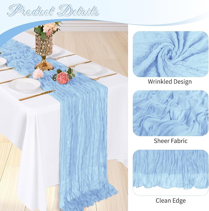 3 Pack Baby Blue Cheesecloth Table Runner, 17 x 108 inch, Semi Sheer Boho - Image 4