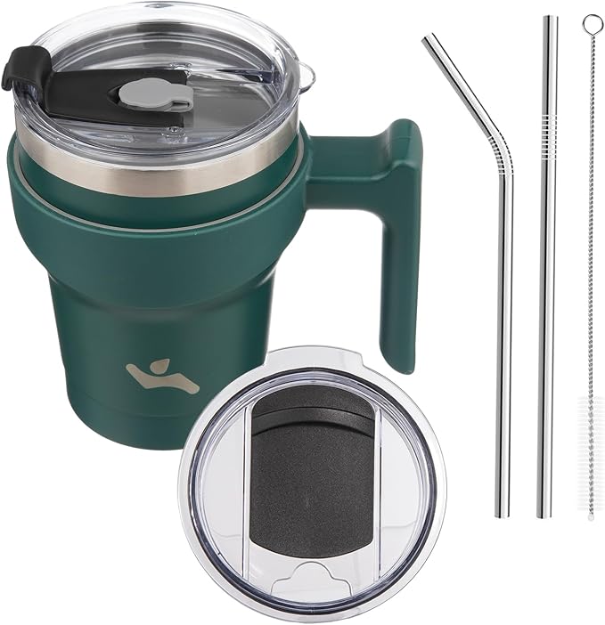 Konokyo 10 oz Tumbler with Handle and Straw, Insulated Travel Mug | Army Green; by Konokyo