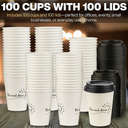 Disposable Coffee Cups with Lids, To Go Paper Hot Cups, Rise and Shine Design - Image 4