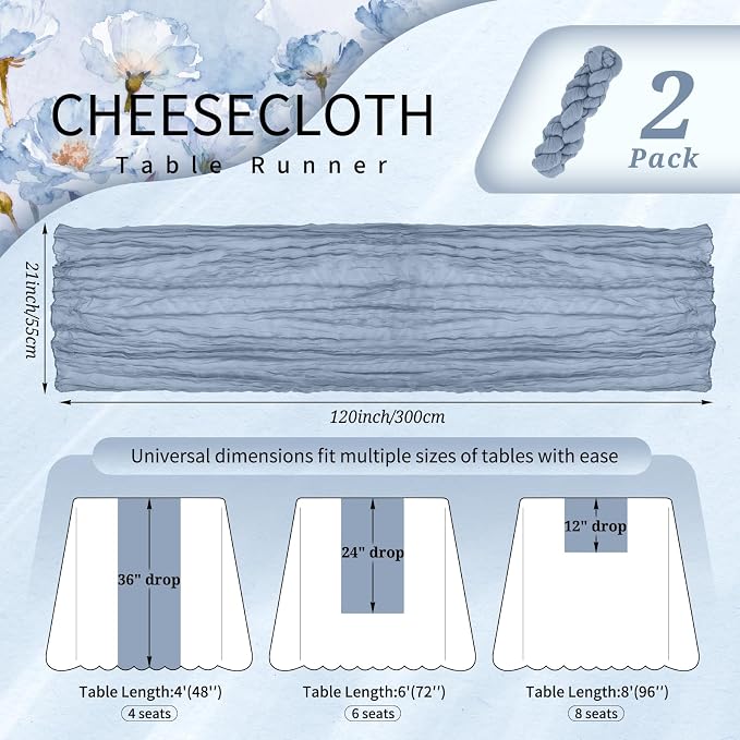 Showgeous 2 Pack Dusty Blue Cheesecloth Table Runners Boho Wedding Decor | - Image 2