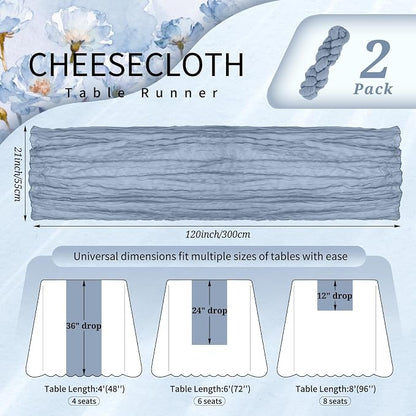 Showgeous 2 Pack Dusty Blue Cheesecloth Table Runners Boho Wedding Decor | - Image 2