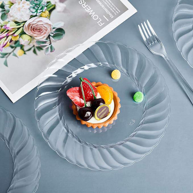 FOCUSLINE 100 Count Clear Plastic Plates 9 Inch, Disposable Heavy Duty Dinner - Image 4