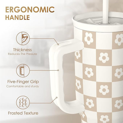 SANDJEST Checker Tumbler with Handle and Straw 40oz – Stainless Sleel Slider - Image 3