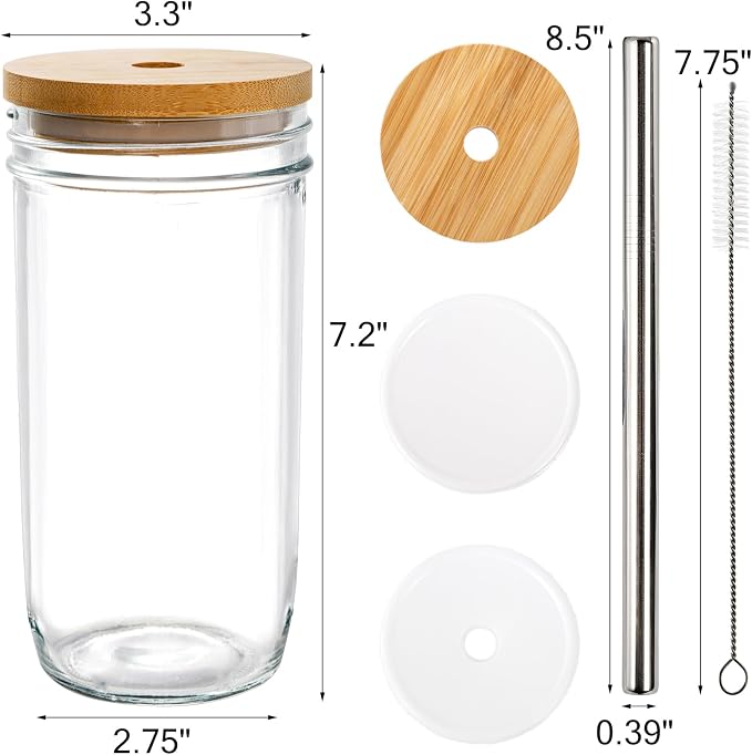 Yesland 6 Pack Glass Cups with Lids and Straws, 24 oz Mason Jar Smoothie Cup - Image 2