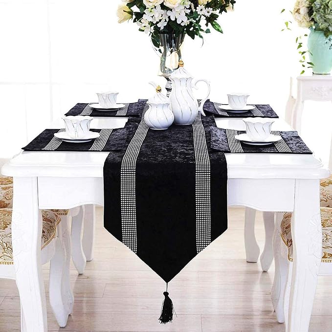 Elegant Bling Rhinestone Black Table Runner, Ombre Velvet, Double-Layer - Image 6