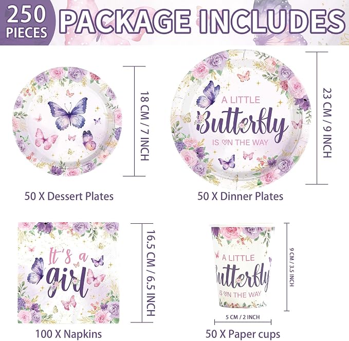 250 Pcs Butterfly Baby Shower Decorations, Serves 50 | A Little Butterfly is on - Image 4
