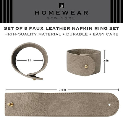 Luxury Leather Napkin Rings Set of 8, Grey, Morgan Faux Style, Modern Cuff Design for Wedding Party Decorations, Kitchen, Holiday Table,Rust Proof,Hotel, Home, Table Accessories, Dining