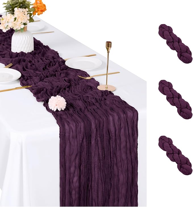 3 Pack Dark Purple Cheesecloth Table Runner, 17 x 108 inch, Semi Sheer Boho by ACSUIT