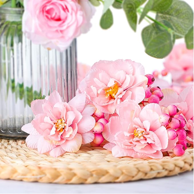 Chengu 12 Pcs Pink Floral Napkin Rings Summer Handcraft Flower Napkin Rings - Image 6