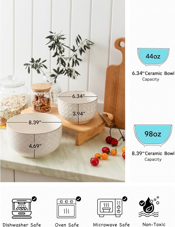 Mikiegy Ceramic Mixing Bowls Set of 2, Nesting Ceramic Embossment Stoneware - Image 5