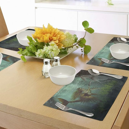 Ambesonne Mermaid Place Mats Set of 4, Mermaid Meets Seahorse Underwater World Fantasy Design, Washable Fabric Placemats for Dining Table, Standard Size, Green Aqua