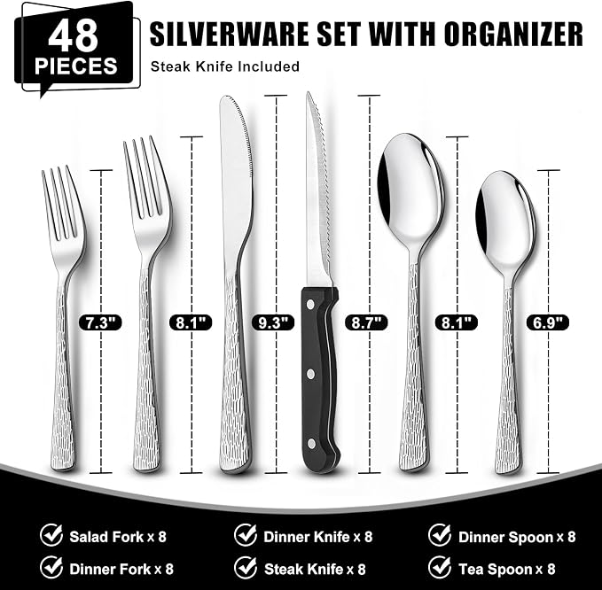 49-Piece Silverware Set with Organizer, Food-Grade Stainless Steel Flatware - Image 2