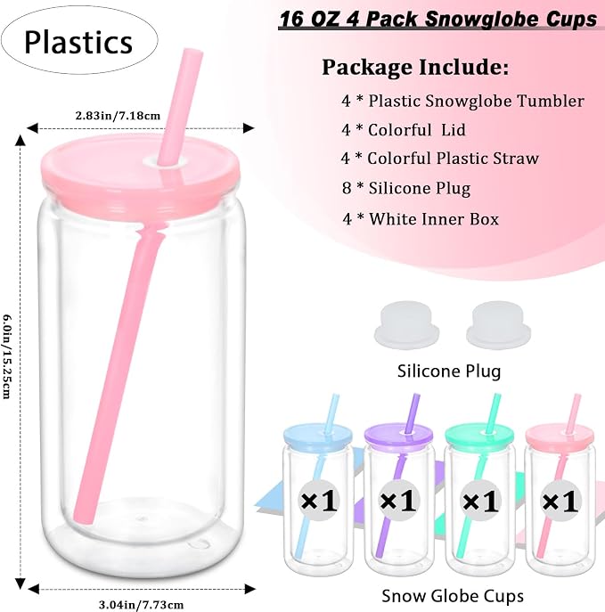 16 oz Plastic Snow Globe Tumbler, 4 Pack Double Wall Snowglobe Tumbler - Image 2
