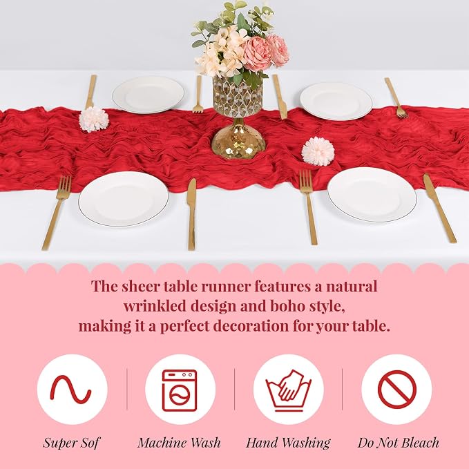 6 Pack Red Cheesecloth Table Runner, 17 x 108 Inch, Gauze Cheese Cloth Table - Image 5