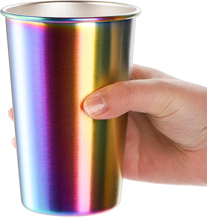 Tosnail 6 Pack 16 oz Stainless Steel Pint Cups Metal Cups Unbreakable Drinking Glasses Water Tumblers for Kids, Adults Indoor and Outdoor Use - Rainbow