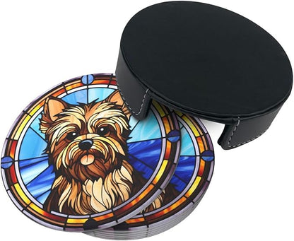 Drink Coaster Set of 6, Yorkshire Terrier Dog Mom Lover Gift,Leather Drink Coasters with Holder,6 Pack Cup/Bar/Drink Coasters for Table/Drinks/Coffee Protection Housewarming Gift