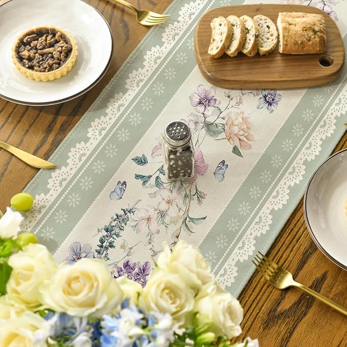 Artoid Mode Green Printed Lace Floral 210 GSM Spring Table Runner, Seasonal - Image 4