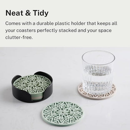 Set of 6 Black Silicone Coasters with Holder, Drink Coasters with Tribal Pattern Shape- for Table Protection, Anti Slip, Nonstick, Heat Resistant, Deep Tray