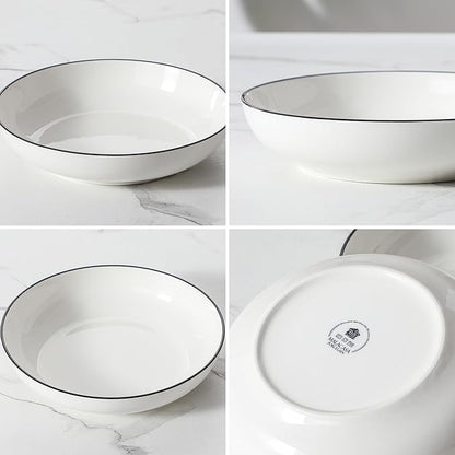 MALACASA 8.85" Large Pasta Bowls, 42 OZ White Salad Bowls Soup Bowls, Porcelain Serving Bowls Set of 4, Ivory White & Black Rim, Microwave & Dishwasher Safe, Series REGULAR