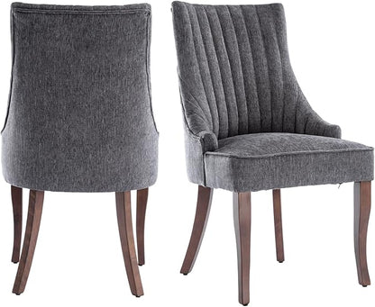 mikibama Linen Dining Chairs Set of 2 Channel Tufted Kitchen Dinner Chair Comfy Fabric Upholstered Accent Chair for Dining Room with Solid Wood Legs (Grey)