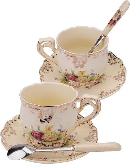 Foraineam Set of 2 Tea Cup and Saucer, 8 oz. Flowering Shrubs Ivory Ceramic - Image 7