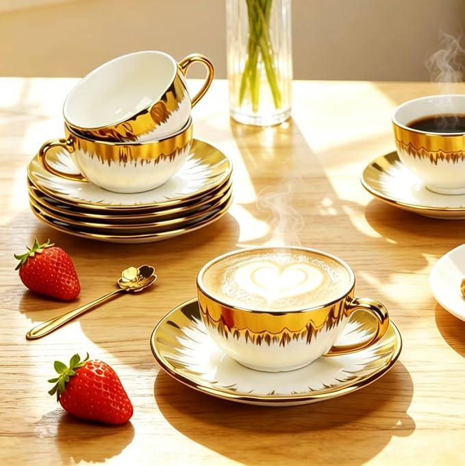 Cappuccino Cups with Saucers and Sakura Spoons, 8 oz Ceramic Espresso Cup Set - Image 6