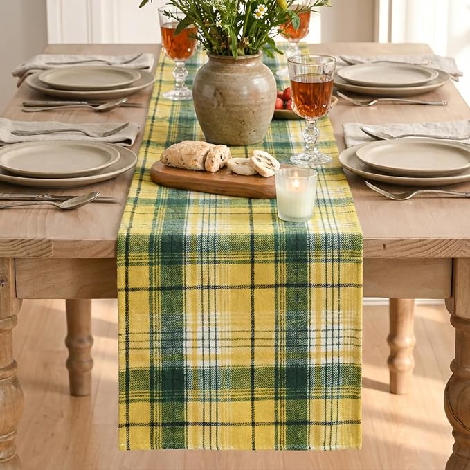Artoid Mode Yellow Green Farmhouse Plaid Spring Table Runner, Winter Rustic - Image 2