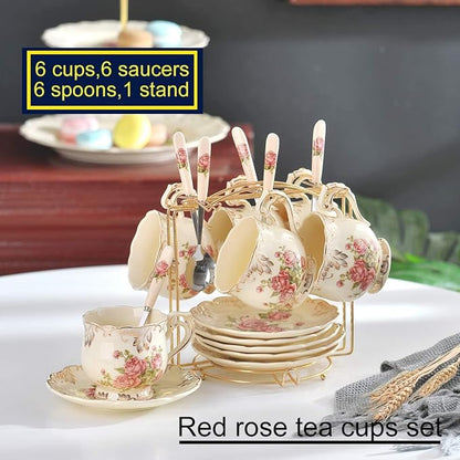 YOLIFE Tea Cups and Saucers Set of 6, 8 OZ Pink Rose Coffee Cups | Ivory - Image 3
