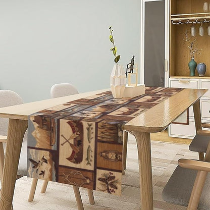Retro Rustic Style Table Runner, Vintage Moose Deer Bear Leaf Tree Country - Image 2