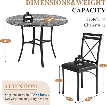 VECELO 5 Piece Dining Table Set for 4, Faux Marble Dinette with Chairs for Kitchen, Breakfast Nook, Small Space, Dark Black