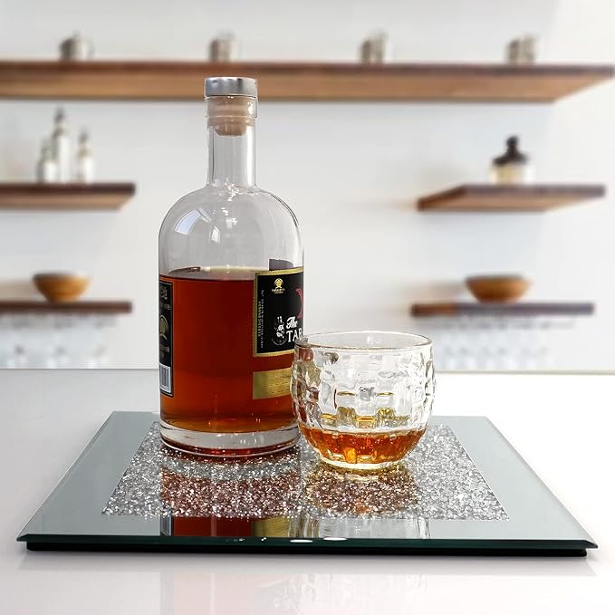 GIMORRTO Glass Mirrored Coaster 2 PC, Crushed Diamond Square Cup Mat 10" Decor - Image 3