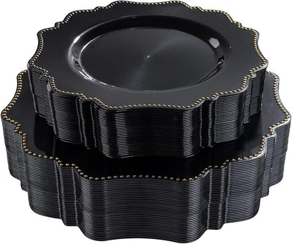 COLOSUS 60pcs Disposable Plastic Plates Set, Gold Black Party Plates, 30pcs Dinner Plates and 30pcs Salad/Dessert Plates for Wedding, Party, Anniversary, Daily Use，New Year