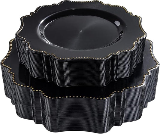 COLOSUS 60pcs Disposable Plastic Plates Set, Gold Black Party Plates, 30pcs Dinner Plates and 30pcs Salad/Dessert Plates for Wedding, Party, Anniversary, Daily Use，New Year