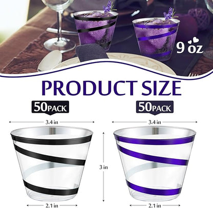 Gejoy 9 oz Rimmed Swirl Plastic Cups Disposable Wine Drinking Cups Clear Elegant Halloween Tumblers for Christmas Party Supplies(Purple, Black,100 Pcs)