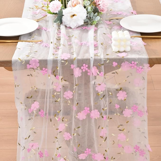 Wildflower Floral Sheer Tulle Gauze Table Runner Wedding Baby Shower Decor | - Image 3
