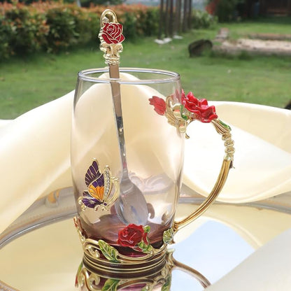 Flower Tea Cup, Butterfly Rose Clear Glass Fancy Coffee Mug - Image 5