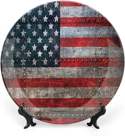 Decorative Plates, American Flag Print Ornament, US Flag Plate, 10 Inch, 1 Plate with 1 Display Stand, Multicolor