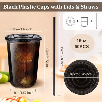 tchrules 50 Set 16oz Black Round Bottom Plastic Cups - Image 2