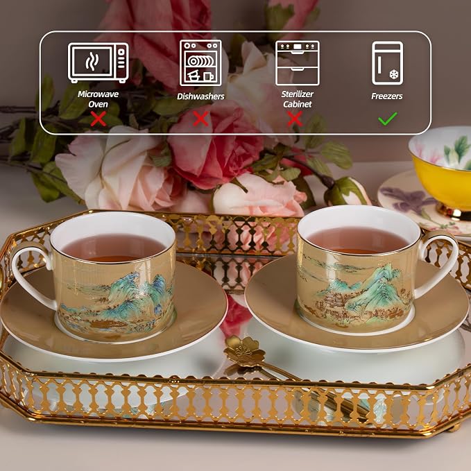 KAMMAK Tea Cups and Saucers Set of 2, Porcelain Coffee Cups, JBE009 | Stackable - Image 3