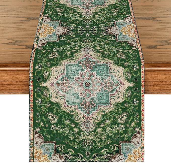 Artoid Mode Boho Bohemia Style Green Table Runner, Country Rustic Farmhouse by ArtoidMode