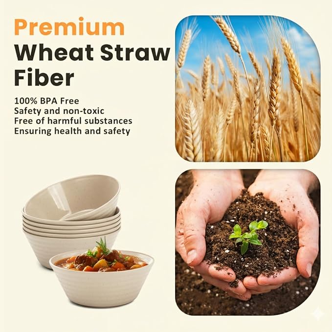 Premium Wheat Straw Bowls, Unbreakable Large Cereal Bowl Set of 6, Alternative - Image 4