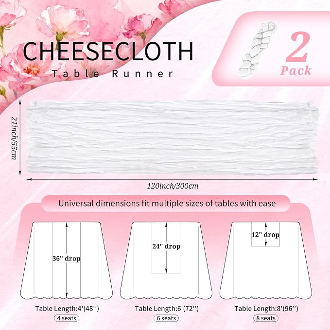 Showgeous 2 Pack White Cheesecloth Table Runners Boho Wedding Decor | Rustic - Image 2