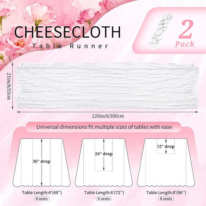 Showgeous 2 Pack White Cheesecloth Table Runners Boho Wedding Decor | Rustic - Image 2